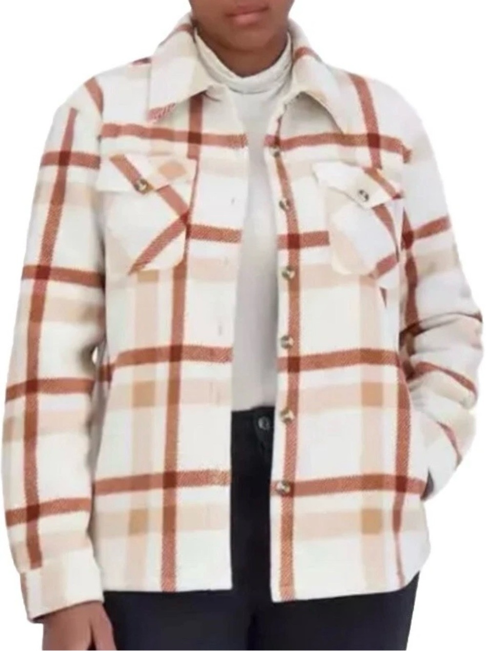 Sage Collective Plaid Sherpa Lined Plush Shirt Jacket Shacket Cream Rust XL